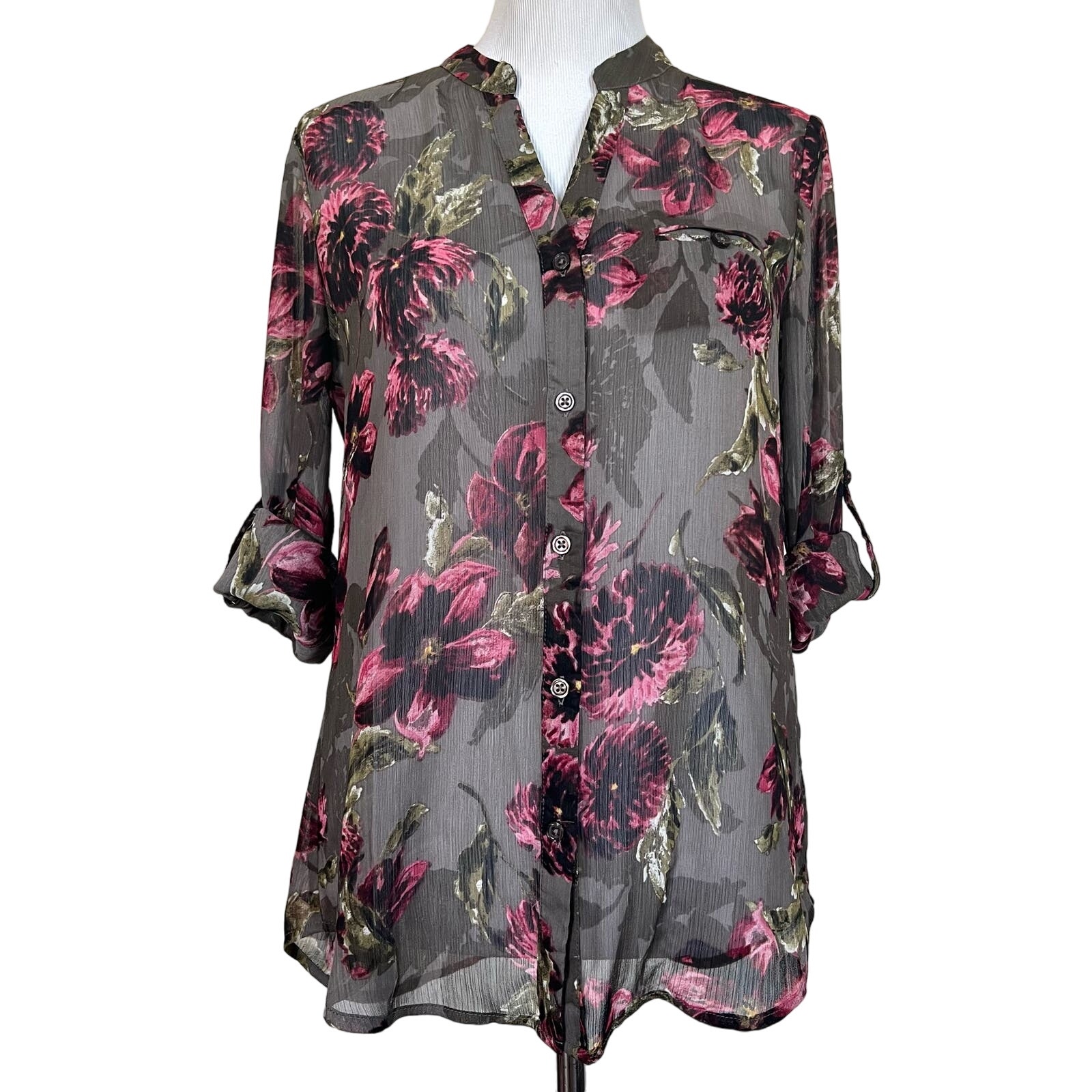 Kut From The Kloth Women’s Sheer Blouse Floral Button Up Roll Tab Sleeves Sz S